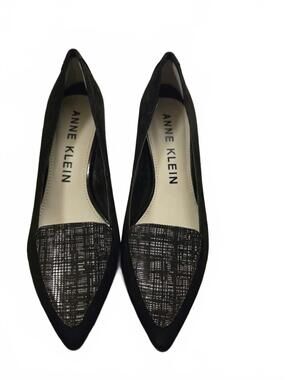 Anne Klein Black Suede Kitten Heel Loafers with Patterned Toe